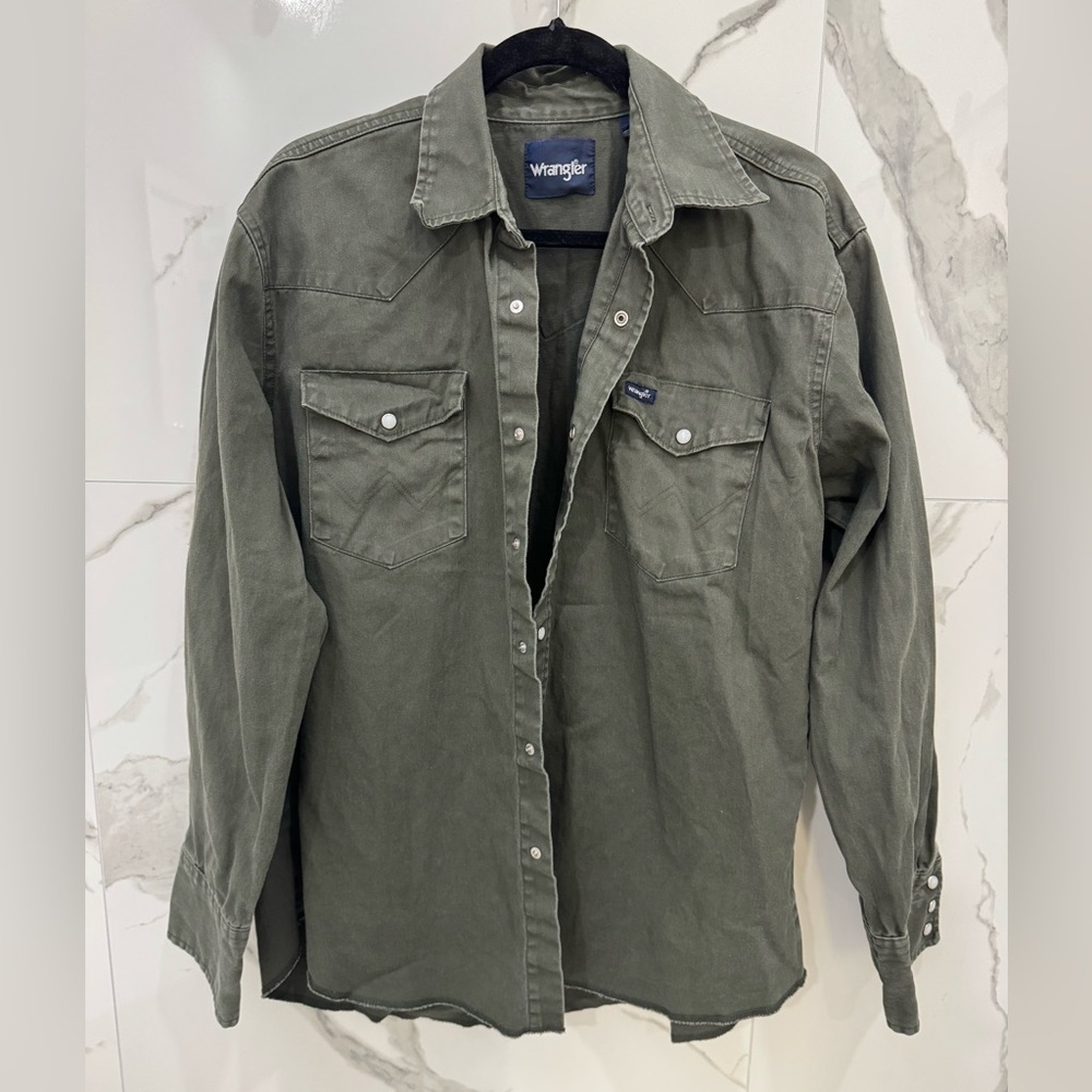 Wrangler Vintage Brushpopper Olive Green Pearl Snap Button Down Casual Shirt - Picture 9 of 9